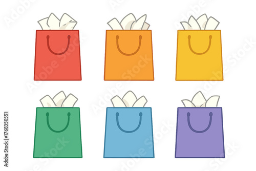 Six colorful retail shopping bags filled with white tissue paper for gifts and purchases