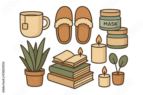 Cozy home essentials collection with tea mug, fuzzy slippers, books, and candles