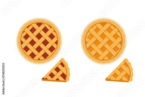 Two delicious homemade fruit pies with lattice crusts and individual slices on a white background