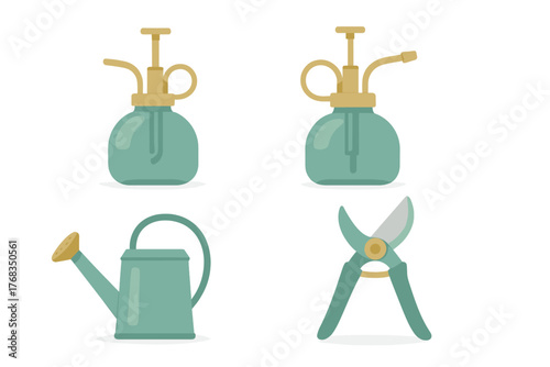 Set of essential gardening tools including watering can, plant mister, and pruning shears