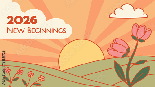 A whimsical illustration of new beginnings in twenty twenty six with flowers sun and clouds in pastel colors