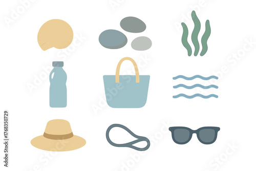 Minimalist summer and beach vacation essentials including sun hat, sunglasses, bag, seashell, and waves