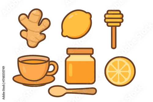 Ginger root, lemon, honey, and tea ingredients set for natural cold and flu remedy