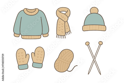Cozy winter knitting set featuring warm clothing accessories and craft tools