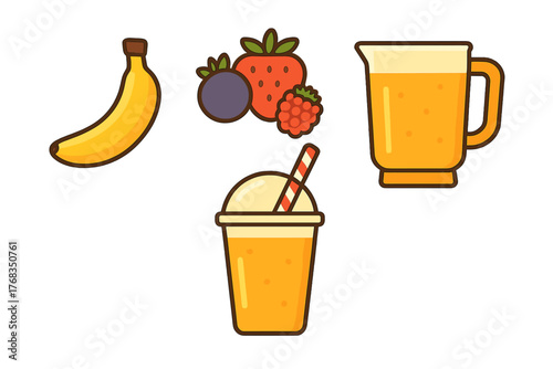 Fresh fruits and blended drinks collection featuring banana, berries, smoothie cup, and juice pitcher