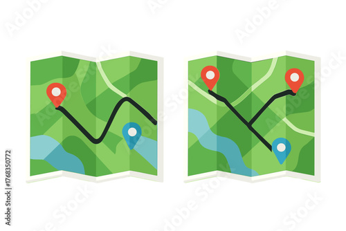 Two stylized folded maps showing navigation routes and location markers on green terrain with rivers