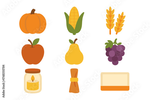 Autumn harvest symbols featuring pumpkin corn wheat apple pear and seasonal food items