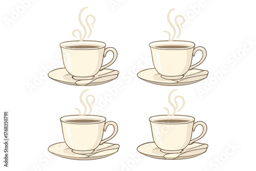 Pattern of four steaming cups of coffee or tea served on saucers with spoons