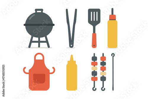 Set of essential barbecue grilling tools and accessories including grill, spatula, tongs, apron, and sauce