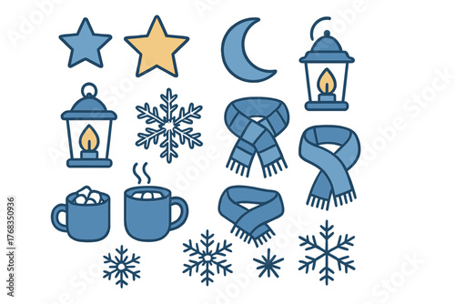 Cozy winter symbols collection with snowflakes, scarves, hot drinks, and lanterns