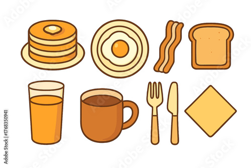 Classic American breakfast food including pancakes, fried egg, bacon, toast, and beverages
