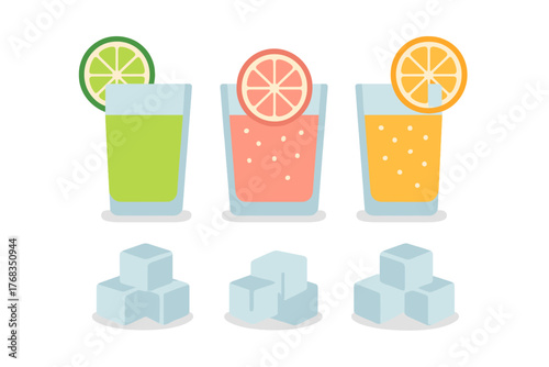 Vibrant summer cocktails and fresh juice drinks with citrus slices and ice