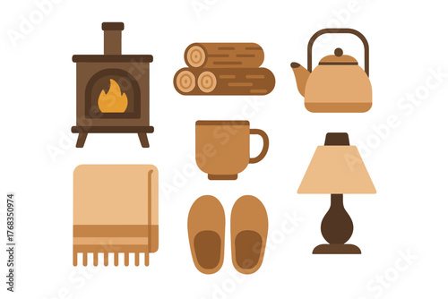 Cozy home comfort items set with fireplace, wood logs, tea kettle, slippers, and blanket