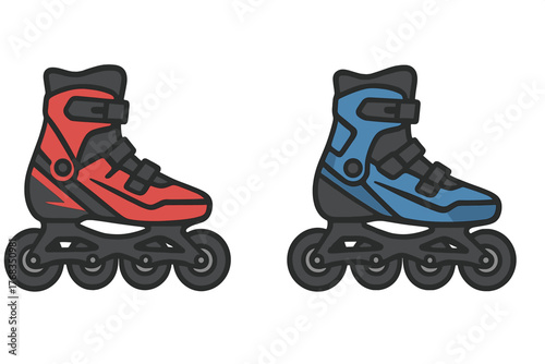 Red and blue inline roller skates side view isolated on white background