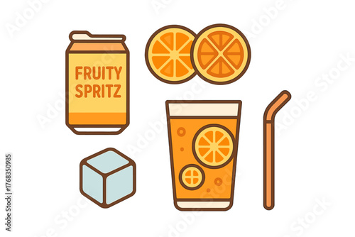 Refreshing fruity spritz beverage elements including soda can, glass, orange slices, and straw