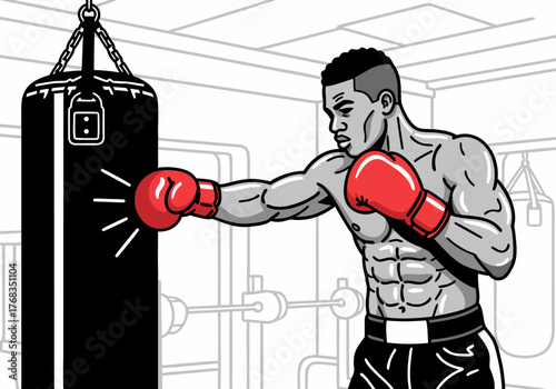 Boxer Practicing Punches with Punching Bag in Gym Exercise Training Fitness Sport Workout