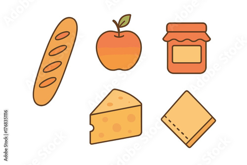 Simple collection of essential food items for picnic and breakfast including bread, fruit, and cheese