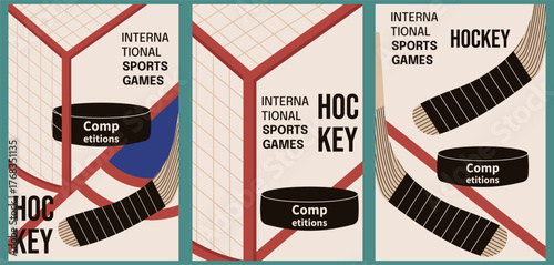 Set vertical Hockey competition ads vector placard cover design. International sport games poster cover collection. Abstract Hockey stick and puck on Hockey ice field. Perfect championship  flyer