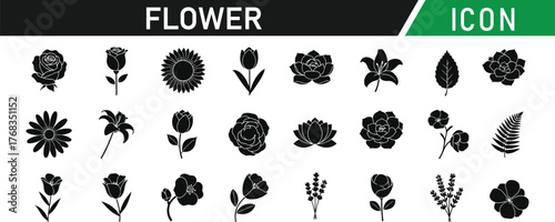 Flower glyph icon set. Including Rose, Tulip, Sunflower, Lily, Daisy, Orchid, Lotus, Cherry Blossom, Lavender, Dandelion. Vector silhouette illustration