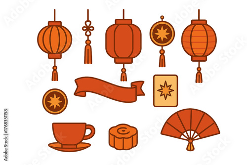 Traditional Asian festival symbols set with lanterns, mooncake, hand fan, and decorative tassels