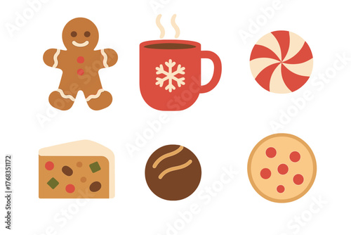 Collection of Christmas and winter holiday treats including gingerbread man, hot cocoa, candy, and fruitcake