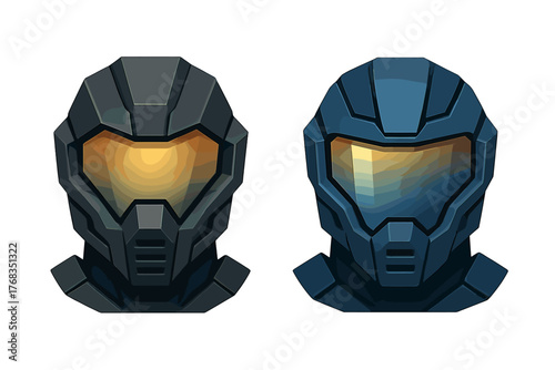 Two futuristic armored helmets with glowing visors in dark gray and blue colors