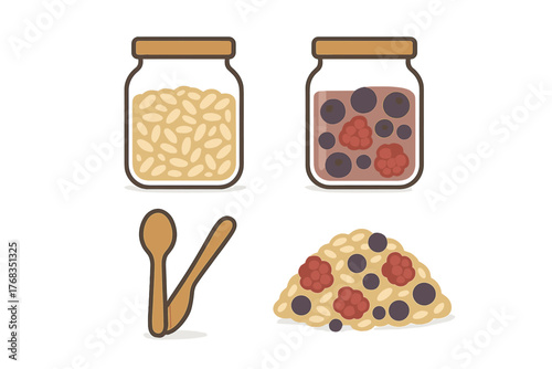 Ingredients for making overnight oats with jars of rolled oats, mixed berries, and wooden spoons