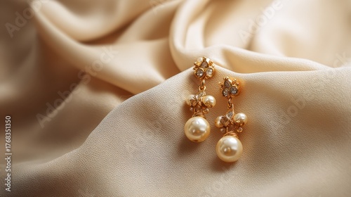 Elegant pearl earrings with gold accents displayed on luxurious satin fabric background for fashion and jewelry photography