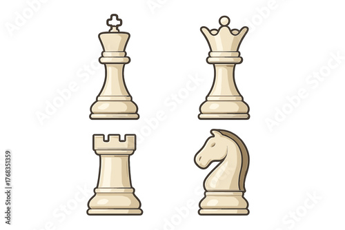 Set of four white chess pieces king queen rook and knight isolated on background