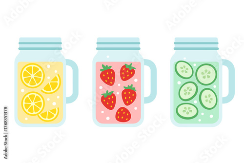 Refreshing detox drinks in mason jar mugs with lemon, strawberry, and cucumber slices