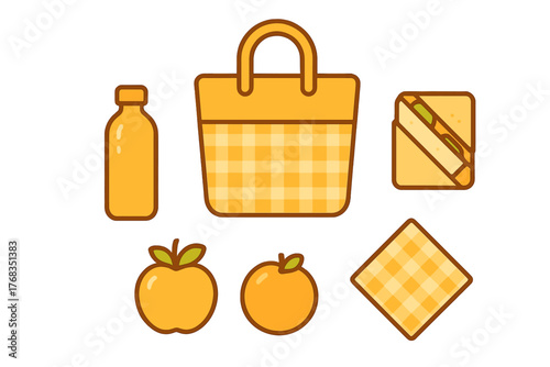 Essential food and drink items for a summer picnic with a checkered basket and blanket