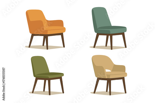 Stylish collection of four colorful mid-century modern upholstered seating options with wooden legs