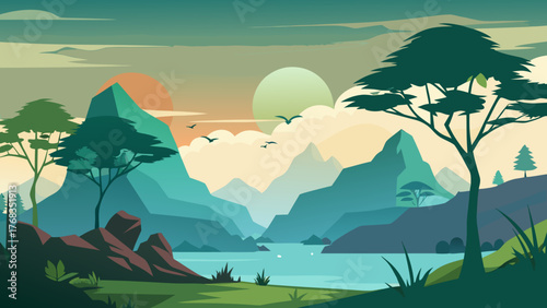 Serene mountain valley landscape with a tranquil lake and stylized trees at sunset