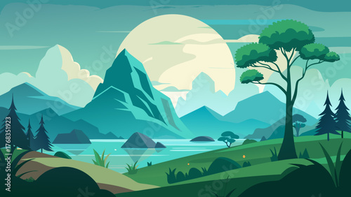 Serene mountain landscape with a large sun over a tranquil lake