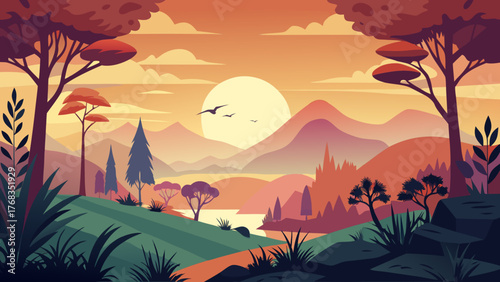 Vibrant sunset over a serene mountain landscape with silhouetted trees