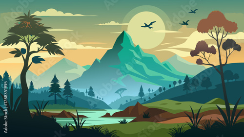 Stylized prehistoric landscape with mountains river and flying creatures