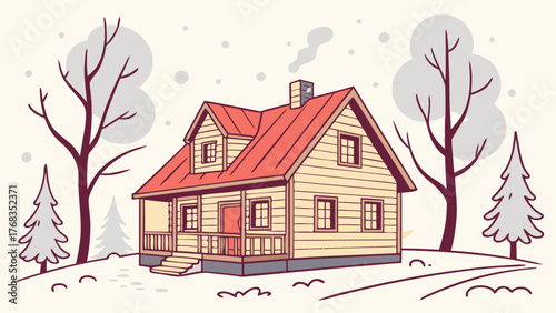 A cozy cabin nestled on a snowy hill surrounded by bare trees and evergreens under a gentle snowfall scene