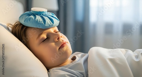 A sick child resting in bed with a cold compress on their forehead. Young boy with a fever feeling unwell at home. Childhood illness and healthcare concept