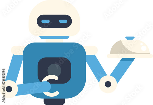 Friendly robot waiter holding serving tray with cloche, demonstrating automation in food service