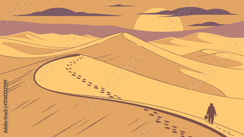 A lone figure walking through a desert landscape with sand dunes and a setting sun in a stylized illustration