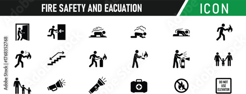 Fire safety and evacuation glyph icon set. Including Fire Extinguisher, Fire Alarm, Exit Sign, Smoke Detector, Hose, Flames, Emergency Light, Firefighter. Vector silhouette illustration