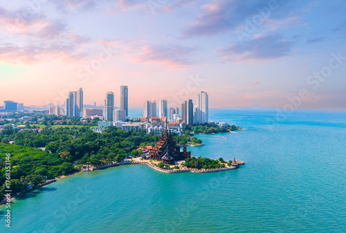 Photography Aerial view Sanctuary of Truth wooden temple on beach of Chonburi, Pattaya Thail