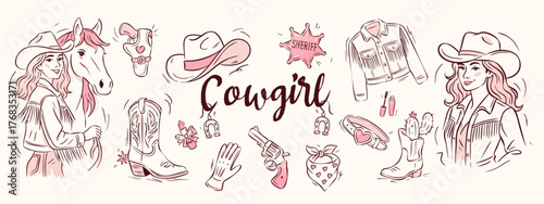 Cowgirl western pink hat and boot icons in whimsical girly style for bachelorette party set. Cowgirl western illustration with jacket, lipstick and cactus. Trendy vector outline aesthetic design.