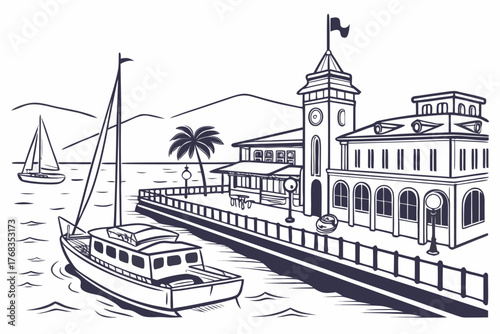 Flat vector of Lahaina historic harbor minimal flat art style
