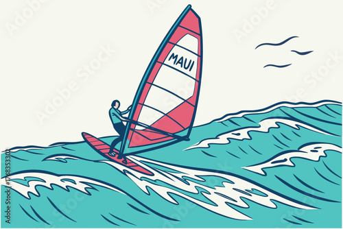 Flat vector of Maui windsurfing ocean horizon composition

