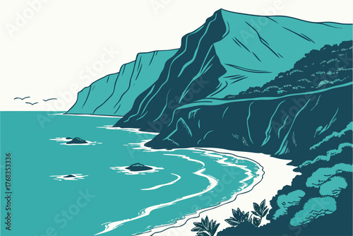 Minimal design of Kauai Na Pali cliffs and ocean view with clean modern lines
