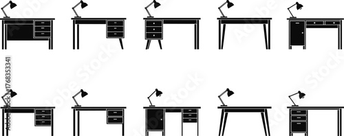 Desk and lamp silhouette set, drawer styles, leg variations, black vector illustration, office furniture icons, minimal design elements, workspace graphic