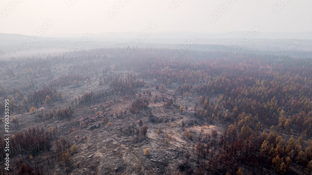 Fototapeta premium devastation. Aerial view of a charred forest landscape, hazy atmosphere and deep perspective. ESG reports, sustainability campaigns, designed for environmental awareness campaigns.