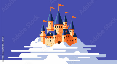 A majestic fairytale castle with towering spires and flags, resting on a bed of clouds in a twilight sky. Flat design vector graphic for fantasy and magic concepts