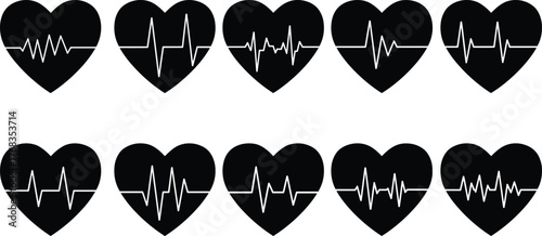 Black Heart Icons with ECG Pulse Lines, Medical Vector Illustration of Heartbeat Rhythm Patterns for Healthcare, Cardiology, and Emergency Design